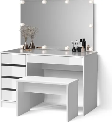 Immagine prodotto di Tavolo da toeletta Livinity Imola Bianco con illuminazione a LED e panca, Model 52323