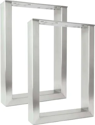 Two identical silver metal table legs are shown against a white background.