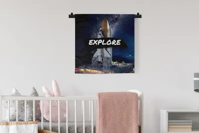 Produktbild von MuchoWow® Wandteppich Wandbehang Weltraum - 'Erforschen' - Zitate - Sprichwörter - Kinder - Kinder - Jungen 60x60 cm Tapisserie Dekoration Wandtuch - Dekorationen - Wand Decke