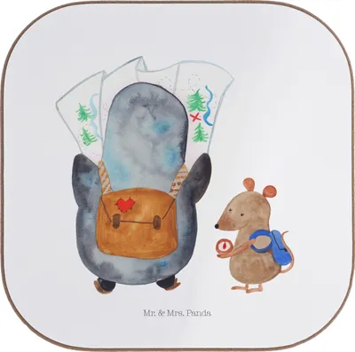 Produktbild von Mr. & Mrs. Panda Tassenuntersetzer Pinguin & Maus Wanderer - Weiß - Geschenk, Coaster, Wandern, Tischuntersetzer, gläseruntersetzer, Untersetzer für Gläser, Abenteuer