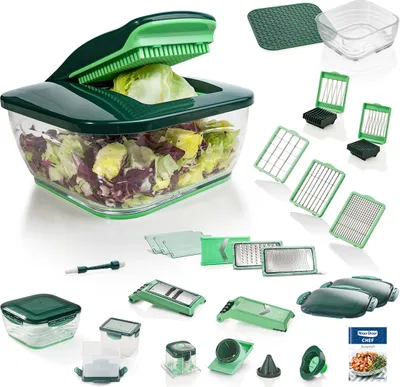 Produktbild von Genius Nicer Dicer Chef Deluxe (34 Teile) inkl. Glasschüssel-Set Gemüse-& Obst Schneider Allesschneider in smaragdgrün; A27062