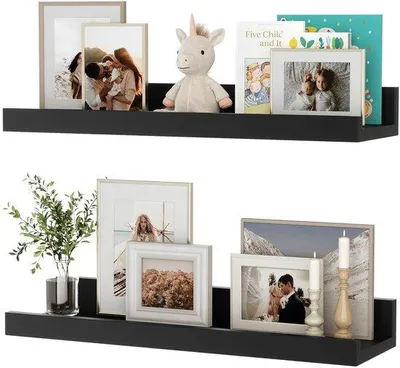 Obrázek produktu pro Ibenzoa® Sada dvou závěsných nástěnných polic, MDF, 40 cm – industriální design, černá barva, police vhodné pro fotorámečky a dekorace, s ochranou hran, s předvrtanými otvory