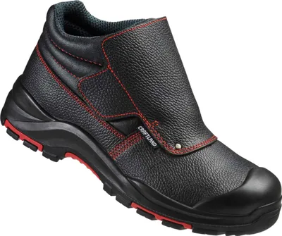 A black work boot with red stitching and red accents on the sole, shown from a side angle against a white background.