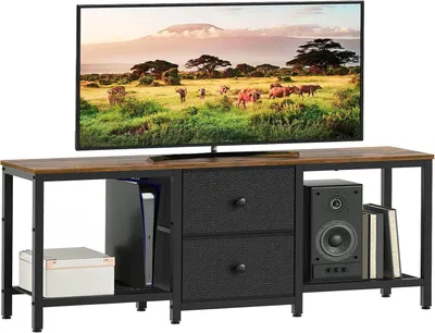 Immagine prodotto di Mobile TV 120x30x50 cm, con 2 cassetti, vani aperti, colore marrone scuro vintage, ideale per il soggiorno