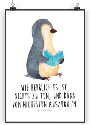 Produktbild von Mr. & Mrs. Panda Bild Pinguin Buch DIN A5 - Weiß - Geschenk, kunstdruck poster, Plakat, Urlaub, Wandbild, Ferien, wanddeko, drucke