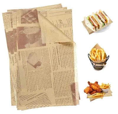 Produktbild von 100 Blatt Backpapier, Zeitungspapier-Optik, 20 x 30 cm, Hamburgerpapier, Käsepapier, Butterpapier, bedrucktes Backpapier, für Hamburger, Butterbrot, Käse, Pommes frites, Kuchen, Sandwiches, Chips