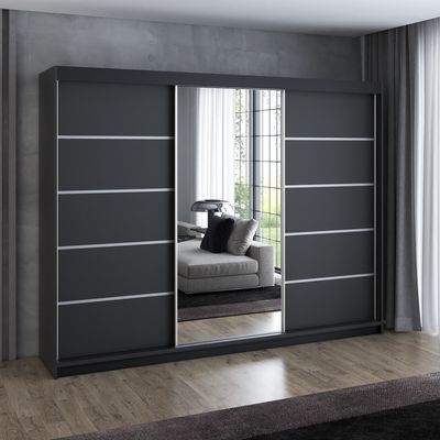 Schwebetürenschrank, 3-türig Schrank 200 cm mit 4 Schubladen, und Spiegel, Retrostil  Premum! Moderne Garderobe für Kleidung. Verschiedene Farben (Weiß, Schwarz, Somona) Kleiderschrank VILANO 1