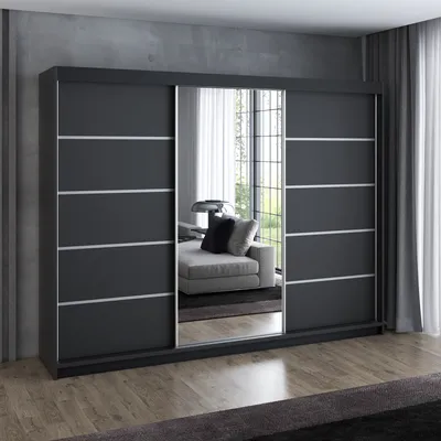 Produktbild von Schwebetürenschrank, 3-türig Schrank 200 cm mit 4 Schubladen, und Spiegel, Retrostil  Premum! Moderne Garderobe für Kleidung. Verschiedene Farben (Weiß, Schwarz, Somona) Kleiderschrank VILANO 1