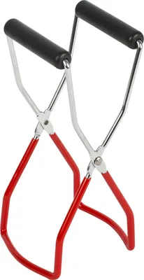 A pair of jar lifter tongs with red handles and black grips, isolated on a white background.