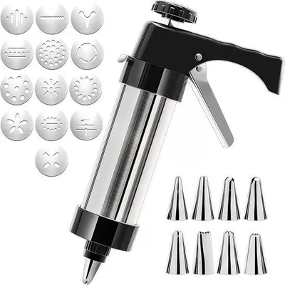 Produktbild von Koekjespers-Set mit 13 Schijven und 8 Spuitmondchen aus Edelstahl - Ideal für Glasuren und Weihnachtsdekoration