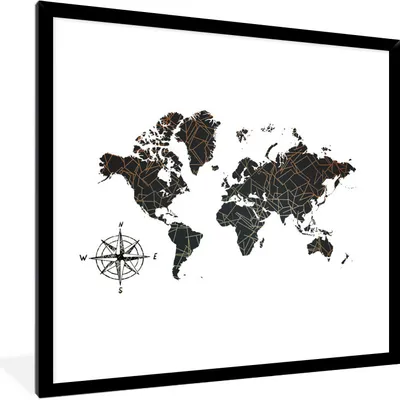Produktbild von MuchoWow® MuchoWow® Gerahmtes Poster Weltkarte - Schwarz - Kompass 40x40 cm - Poster mit zchwarzem Bilderrahmen - Mit Rahmen - Wanddekoration Schlafzimmer