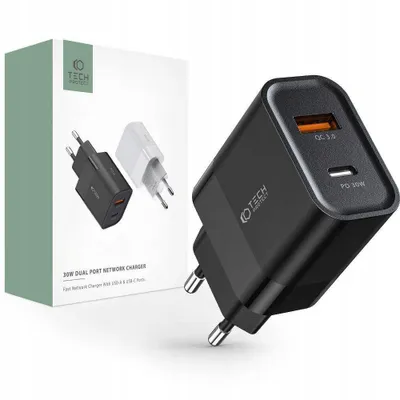 Produktbild von Tech-Protect C30W 2-Port-Netzwerk-Ladegerät Pd30W/Qc3.0 Schwarz