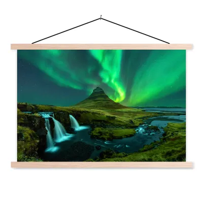 Produktbild von MuchoWow® Textilposter Nordlichter - Wasserfall - Berg - Island 120x80 cm mit holzfarbenen Rahmen - Aufhängeset