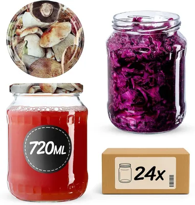 Zdjęcie produktu dla Słoiki na przetwory KADAX z pokrywką "Jukka", słoiki na dżem, słoiki na przetwory, 720 ml, grzyby, 24 sztuki