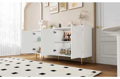 Produktbild von Sideboard Wohnzimmer, Kommode mit 4 Türen Goldene Gebürstete Griffe und Hochglanz Tischbeine Komodenschrank, Weiß, maße 160×80×40 cm