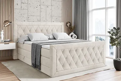 Produktbild von ALTDECOR Boxspringbett mit Matratze und Lattenrost, Topper, Fußteil, Polsterbett mit Bettkasten, Bett mit Stauraum H3- und H4- Matratze, Doppelbett, Springboxbett - NOEL-Z KING - 140x200 - Beige Samt