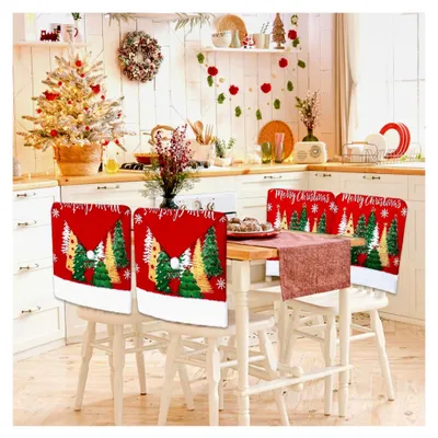 Produktbild von 4 Stück Weihnachts-Stuhllehnenbezüge Nikolausmütze Stuhlhussen mit Weihnachtsbaum für Esszimmer und Festlichkeiten