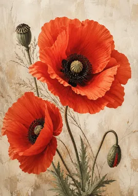 Produktbild von Botanisches Poster DIN A2 – Rote Mohnblumen Blüte als Wandbild, matt