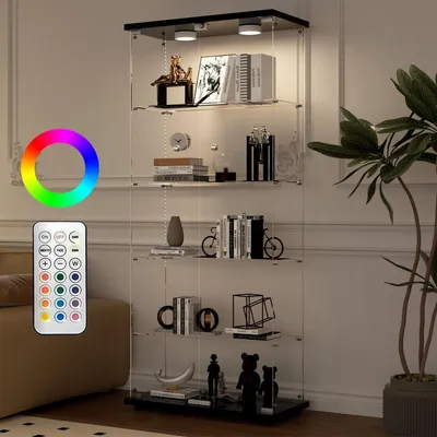 Immagine prodotto di Vetrina espositiva a 5 ripiani con illuminazione RGB a LED, dimensioni 188x36x80 cm, colore nero, con doppia porta e serratura