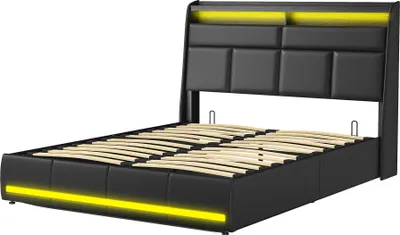 Produktbild von Fortuna Lai Polsterbett 140x200cm, Jugendbett Doppelbett mit Lattenrost und Stauraum, Stauraumbett mit LED, Kunstleder, Schwarz