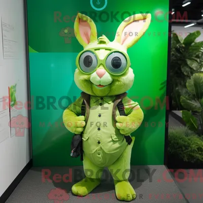 Obrázek produktu pro Postava REDBROKOLY maskota Lime Green Divokého králíka oblečená s Romperem a brýlemi