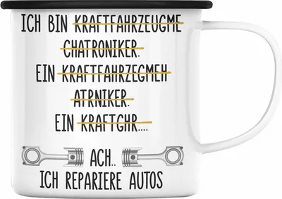 Produktbild von Trendation - KFZ Mechaniker Geschenk Lustig Emaille Tasse mit Spruch für Automechaniker Geschenkidee Emaille Emaille Tasse Werkstatt (Schwarz)