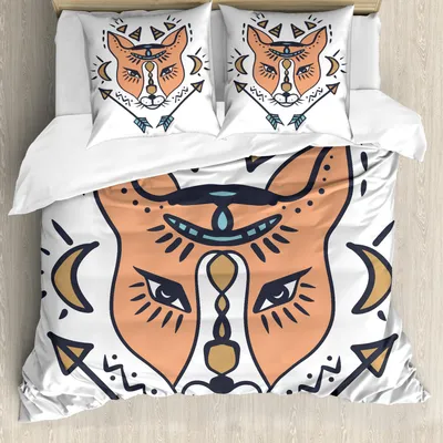 Produktbild von ABAKUHAUS Fuchs Bettbezug Set, Boho Tierkopf mit Pfeil Figuren Artful Tribal Ornamente, 155 x 220 cm + 80 x 80 cm, Pfirsich Kamel