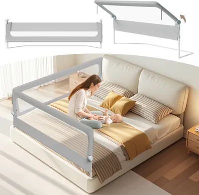 Produktbild von TolleTour 200cm klappbares Bettgitter, 180 Grad drehbares Bettschutzgitter für Kleinkinder, höhenverstellbar, luftiges Netz, für Kinderbett, grau