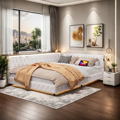 Immagine prodotto di Letto imbottito INONEFT 140x200 cm con LED e caricabatterie USB, divano letto multifunzione con rete a doghe, letto a due piazze per giovani con testiera in velluto, color beige