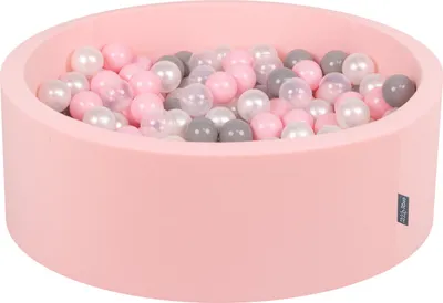 Zdjęcie produktu dla KiddyMoon suchy basen okrągły z piłeczkami 7cm różowy: perła-szary-transparent-pudrowy róż 90x30cm/300piłek zabawka basen piankowy
