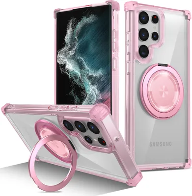 Image de Étui pour téléphone portable Samsung Galaxy S22 Ultra 5G Support magnétique à anneaux Support compatible avec Magsafe Protection militaire Étui transparent Rose