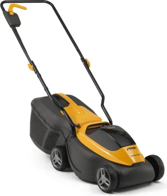 A yellow and black electric lawnmower is shown against a white background.