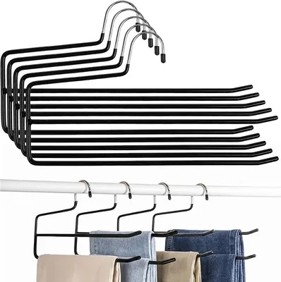 Produktbild von PolkaHome® 5er-Set Hosenbügel mit Doppelstange, rutschfeste Kleiderbügel für Jeans, Hosen & Schals – platzsparend (Schwarz)