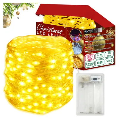 A product shot of a Christmas LED light chain, with packaging in the background.