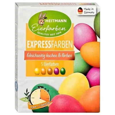 Produktbild von Brauns-Heitmann Express mit fünf Farben, Flüssigkeit, Grün, Orange, Pink, Gelb, Künstliche Lebensmittelfarbstoffe, Eier, 5 ml, Feuchthaltemittel: E 422 Glycerin; Wasser, Farbstoff: E 141 (ii) Kupferkomplexe der...