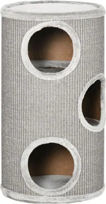 Produktbild von Kratztonne Spiel- Und Kratztonne Für Katzen Mit 3 Höhlen, Aus Sisal & Plüsch, Hellgrau, Ø38X70Cm