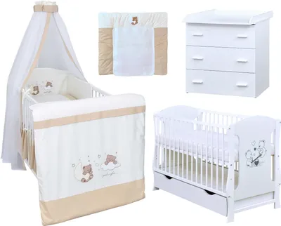 Produktbild von Baby-Delux Babyzimmer Babybett Wickelkommode Weiss Bettwäsche Komplett Traumland Beige