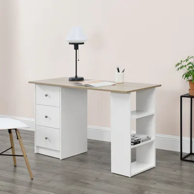Produktbild von Biurko 120x50x72cm biurko z szufladami biały/dąb półka stolik pod komputer [en.casa]
