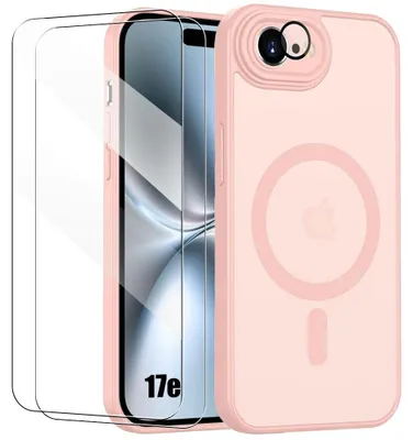 Image de Coque + 2 Verres Trempés pour iPhone 17e, avec Anneau Magnétique et Protection Caméra - Rose