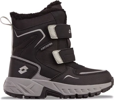 A single black and gray winter boot for children.