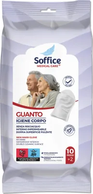 Immagine prodotto di Soffice Medical Care - Guanti Saponati Monouso per Anziani (120 Pz) - Guanto Spugna per Doccia, Manopole Saponate, Guanti Igienici Monouso Senza Risciacquo - 10 confezioni da 10pz+2