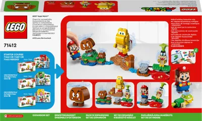 The image shows the back of a LEGO Super Mario starter course packaging, displaying various expansion sets and characters.