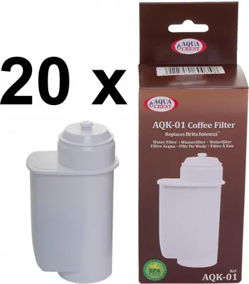A product shot of AquaCrest AQK-01 coffee filters, with a box and individual filters shown.