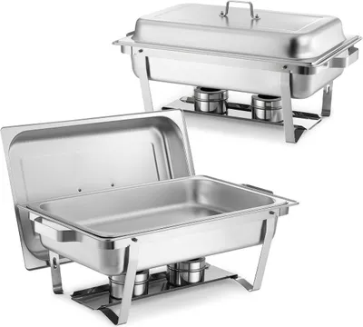 Immagine prodotto di Scaldavivande rettangolare, 8,5 L, confezione da 2 pezzi in acciaio inossidabile, set completo scaldavivande con manico cavo, 1 pinza per alimenti, coperchio, supporto per combustibile, piatti scaldavivande per banchetti, feste e matrimoni