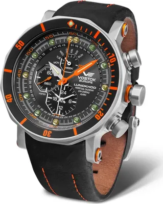 A close-up studio shot of a Vostok Europe men's watch with an orange bezel and black leather strap.