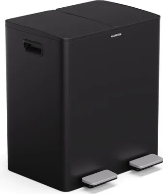 A black dual-compartment trash can with silver pedals.