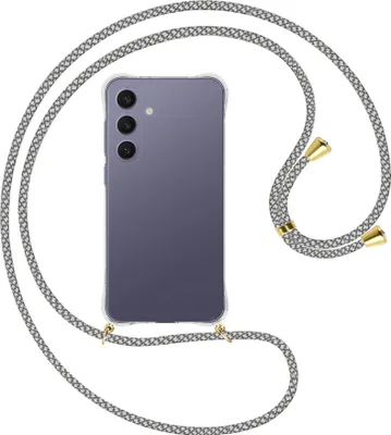 Produktbild von Handykette Backcover-Schutzhülle mit Band (Metall goldfarben) für Samsung S25 Plus - weiß/grau kariert