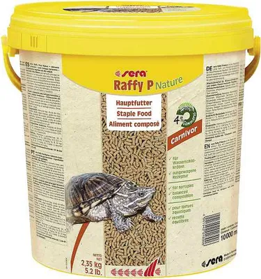 A bucket of turtle food with a picture of a turtle on the front.