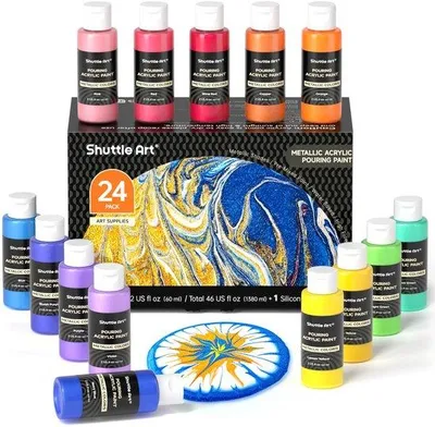 Produktbild von Metallic Acryl Casting Set, 24-teiliges Set mit 23 Metallic Farben (60ml) & 1 Silikonöl, hochpigmentiert & hochflüssig vorgemischte Farbe für Leinwand, Stein, Keramik & Holz