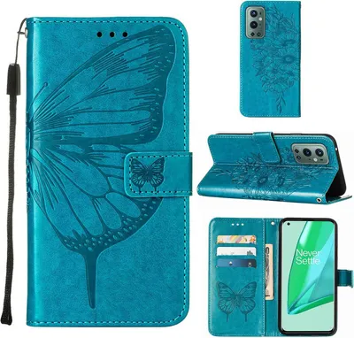 Produktbild von OnePlus 9 Pro Hülle, Schmetterling Prägung Flip Leder Kartenfächer Schutzhülle Ledertasche mit Ständer für OnePlus 9 Pro Blau